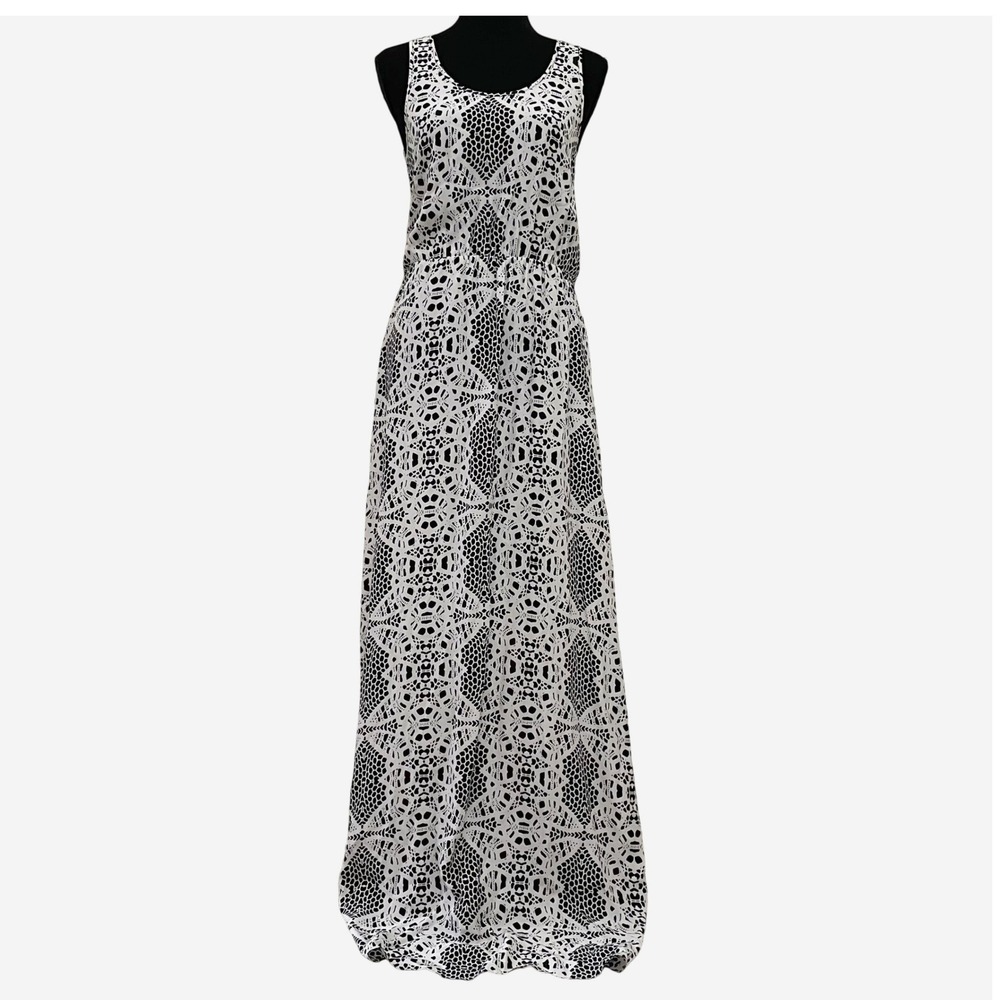 Parker 100% Silk Maxi Dress Sleeveless Designer Black White XS Boho Resort Beach